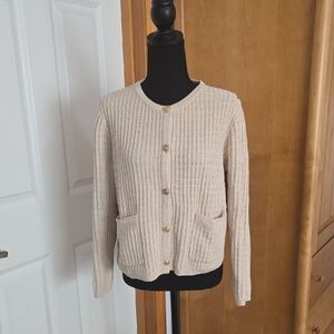 Women's Cream Knit Button-Front Cardigan with Front Pockets